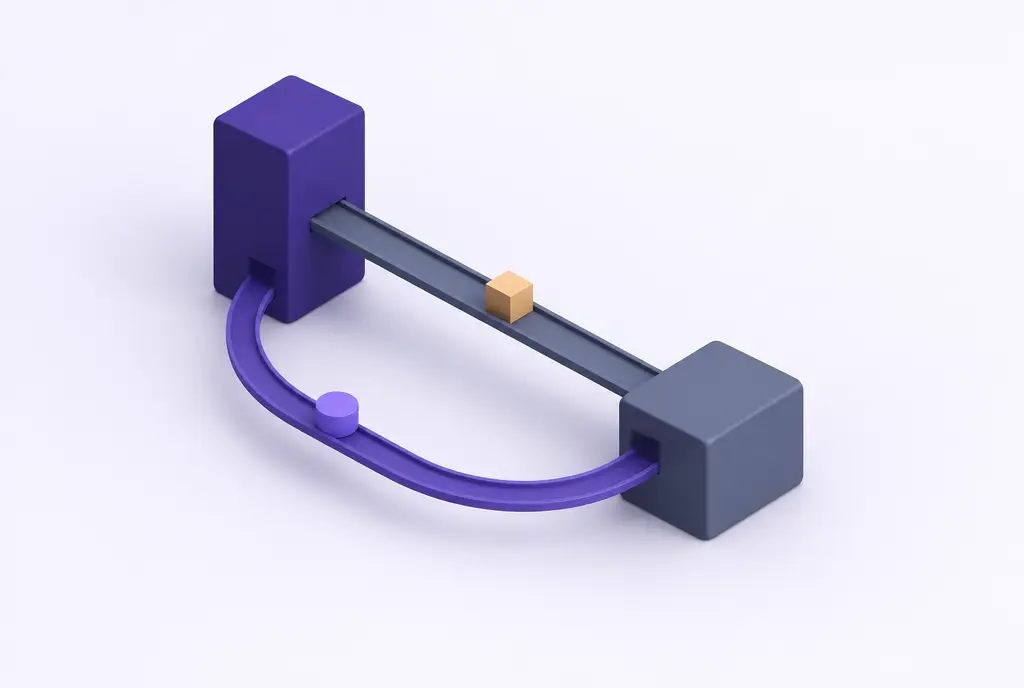 A tall indigo block and a lower slate block joined by a track carrying one small box out, with a violet disc returning along a curved path to close the loop.
