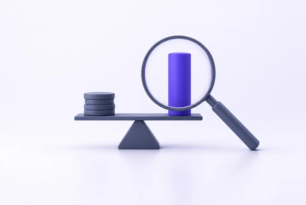 A balance between a small stack of discs and a taller violet bar, with a magnifying lens examining the balance.