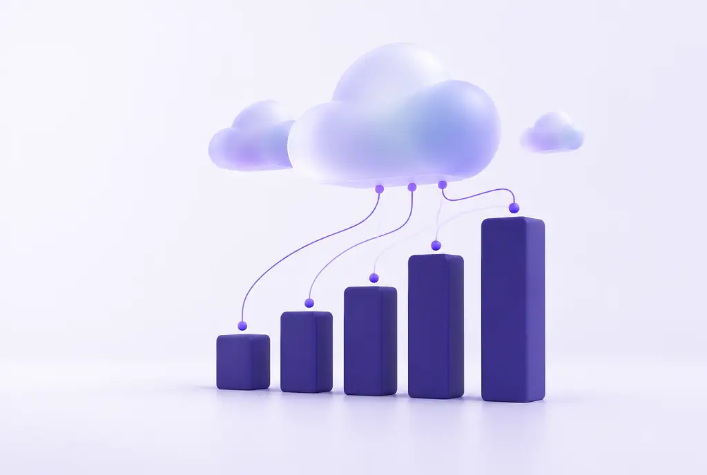 Soft, rounded translucent cloud shapes floating above a set of rising indigo bars, linked by thin violet data lines.