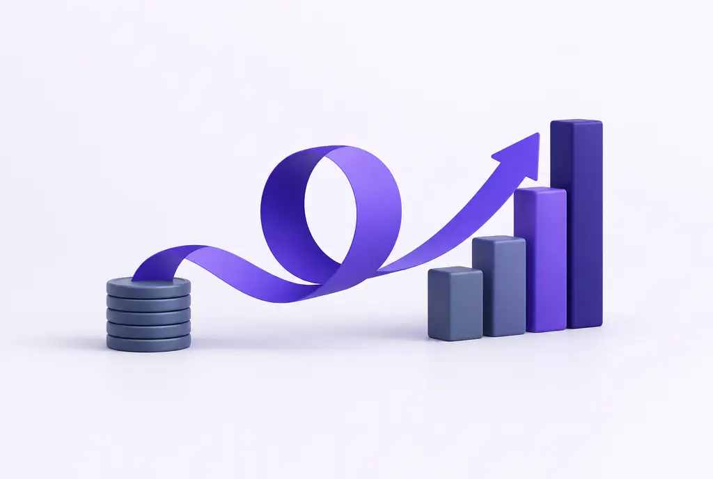 A violet ribbon looping from a small stack of coins back into a growing stack of bars, suggesting rewards that build loyalty.