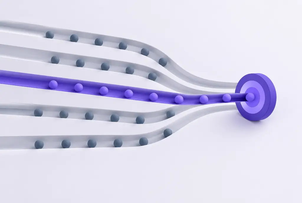 Several parallel channels carved into a pale surface, each carrying small spheres toward a violet target, with one channel highlighted.
