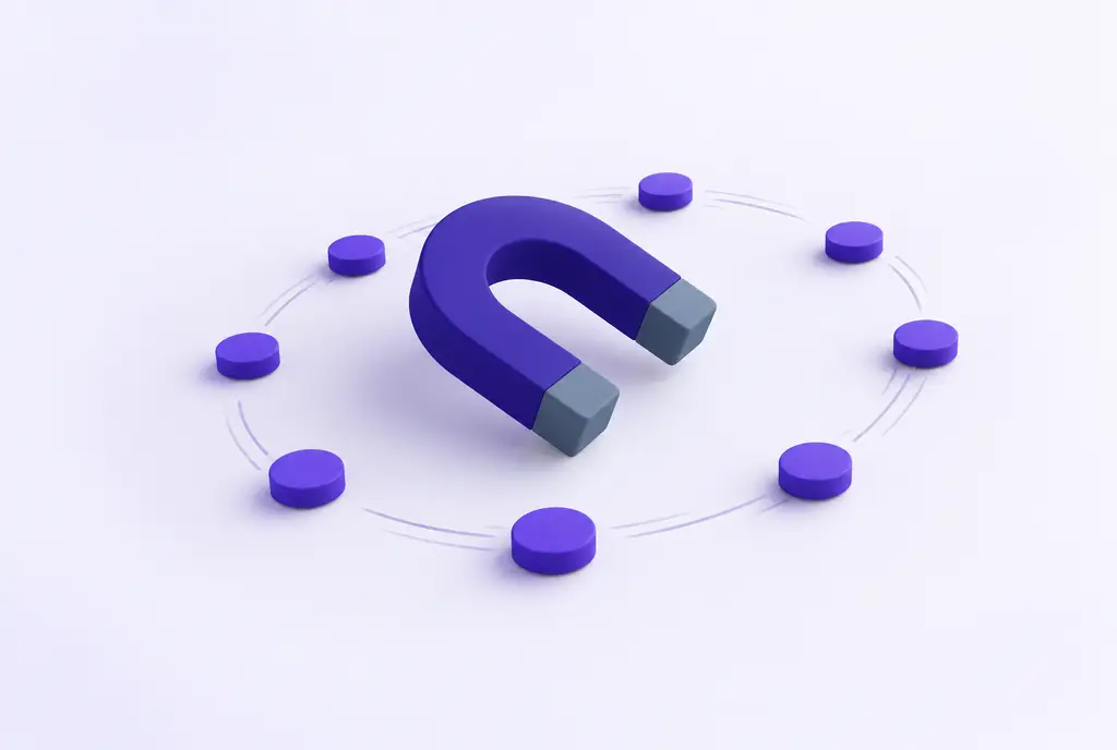 An indigo magnet shape gently drawing small violet discs into an orderly circular orbit around it.