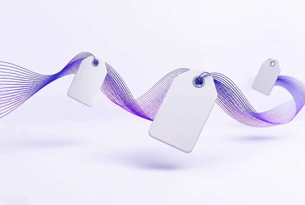 A smooth flowing wave of thin violet lines adjusting around a few floating blank price-tag shapes.