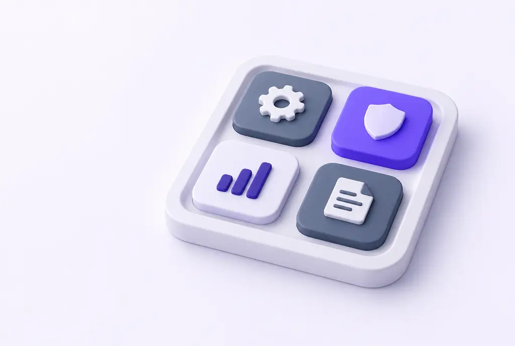 A clean tray holding a neat grid of distinct rounded components, a gear, a shield, a chart and a document, with one highlighted in violet.