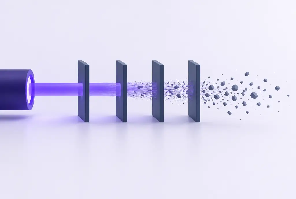 A clean violet beam leaving a source on the left that frays and scatters into grey fragments as it passes through a series of narrow gates.
