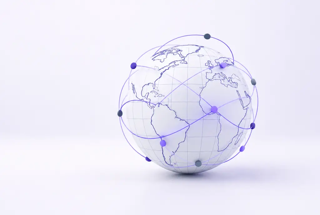 A small globe made of fine indigo lines with violet arcs linking points across it and discs travelling along the arcs.