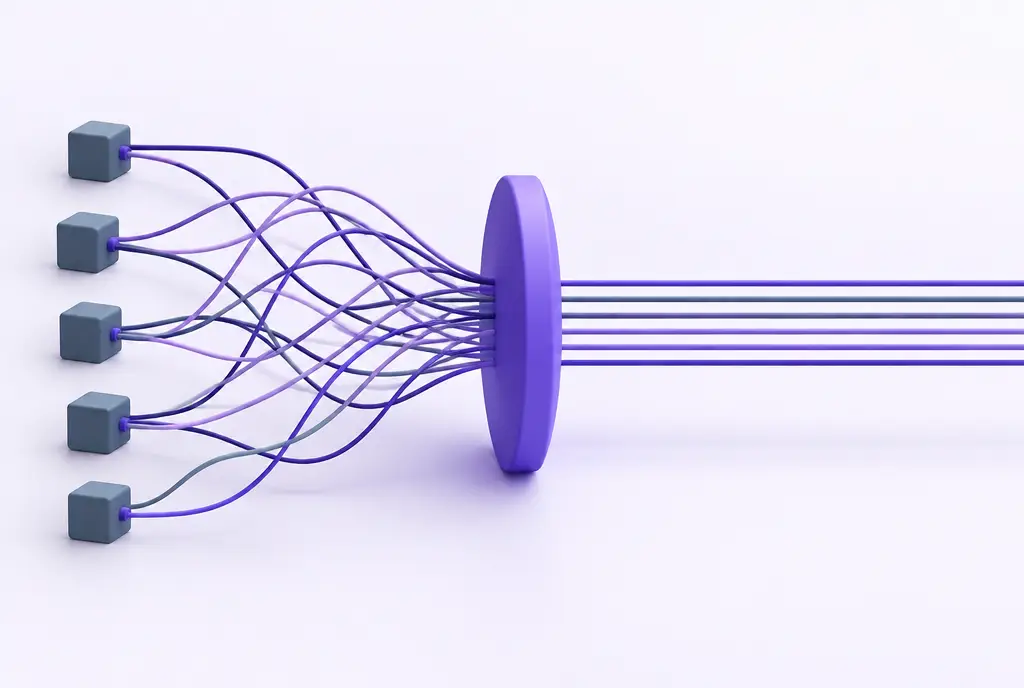 Tangled lines from several small distributor boxes pass through one violet gateway and come out as neat parallel lines.