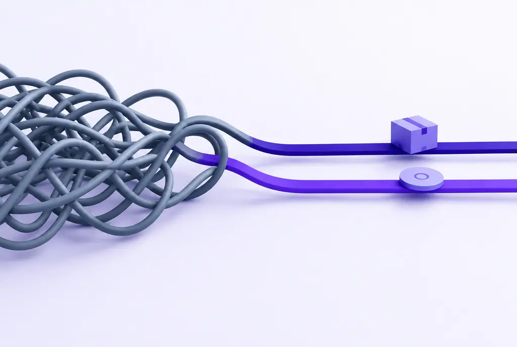 A tangled cluster of grey threads on the left becoming two clean parallel violet tracks on the right, one carrying a small box and one carrying a disc.