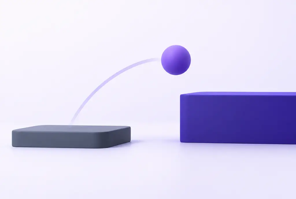 A violet sphere caught mid-leap from a low slate platform to a higher indigo platform, with a gentle arc trail behind it.