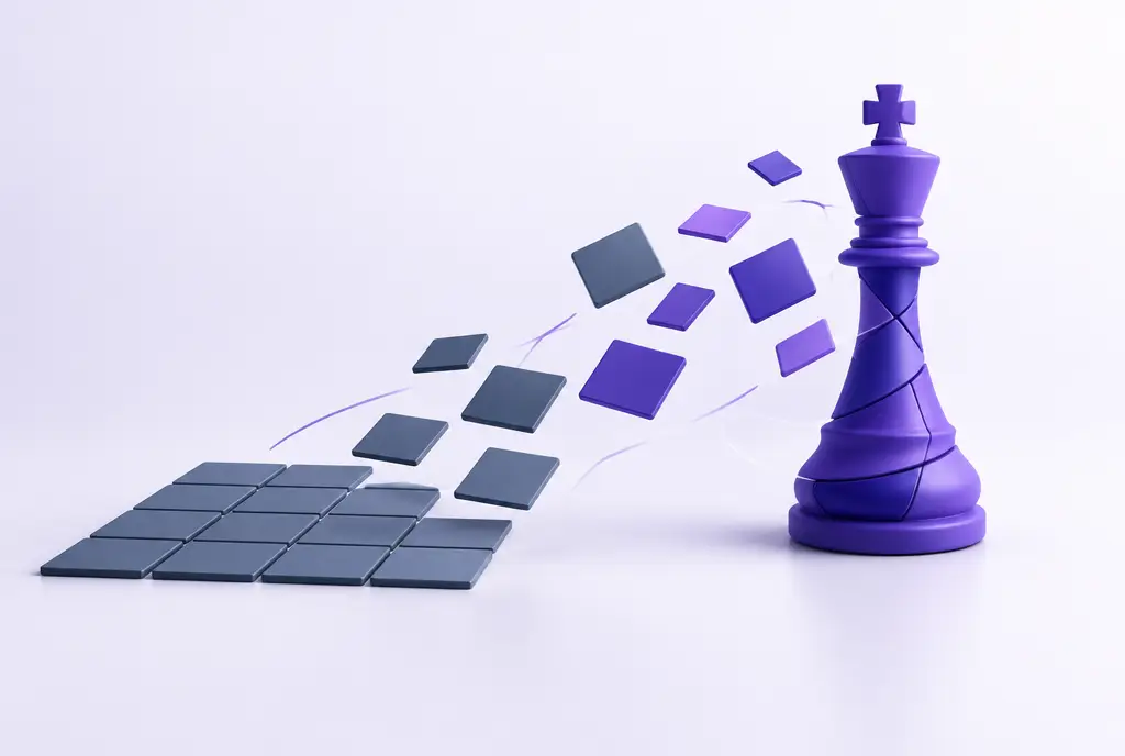 Flat grey grid tiles on the left lifting off the surface and reassembling into an elegant violet chess piece on the right.