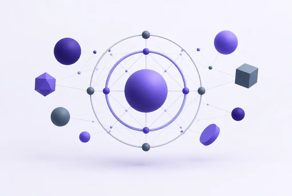 A central violet sphere balanced between close inner rings and outer floating shapes, connected by fine lines, with a subtle mesh of nodes.