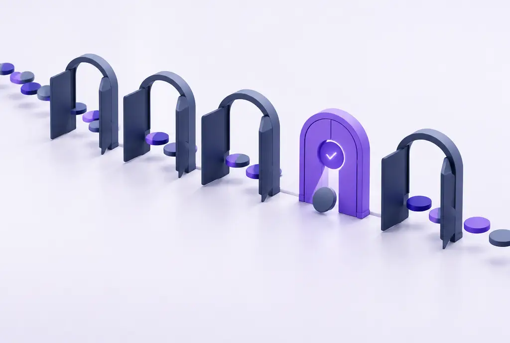 A row of elegant gates where most stand open with a smooth flow of discs passing through, while one violet gate is closed and checks a single item.