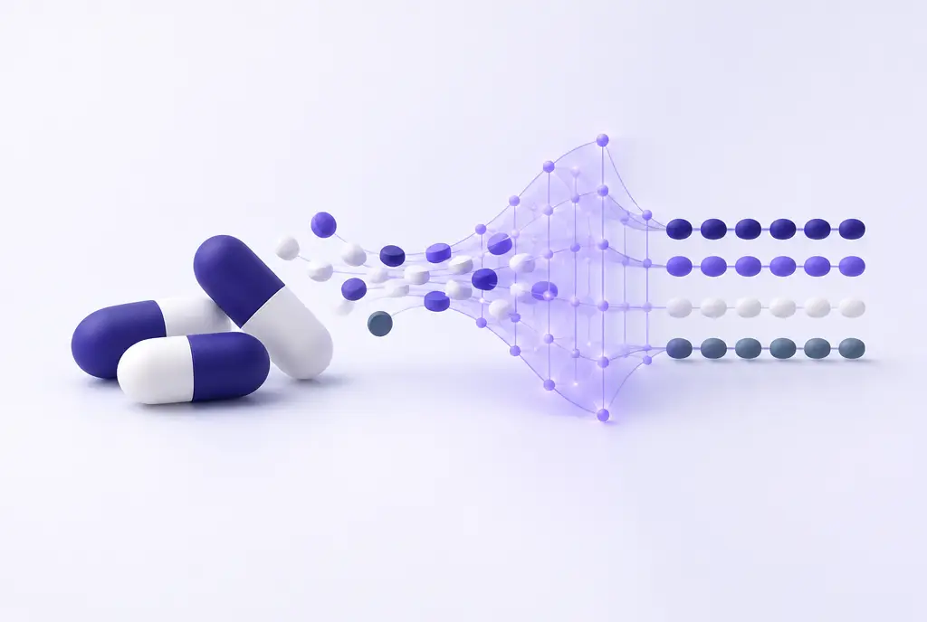 A few elegant capsule shapes in indigo and white beside a glowing violet mesh of nodes that sorts small discs into neat rows.