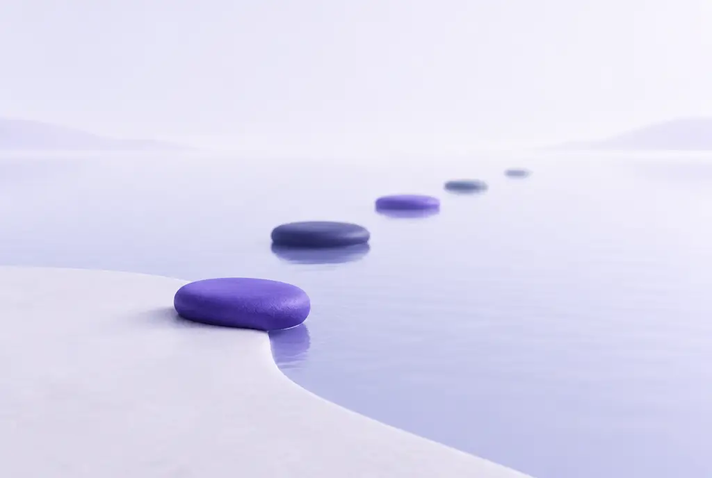 A single small violet stepping stone at the edge of a calm, wide, pale pool, with a few more stones fading into the distance, suggesting a focused first step.