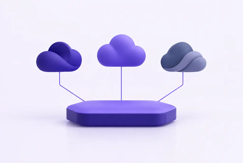 One elegant violet platform slab linked by equal thin lines to three different abstract cloud forms floating above it.