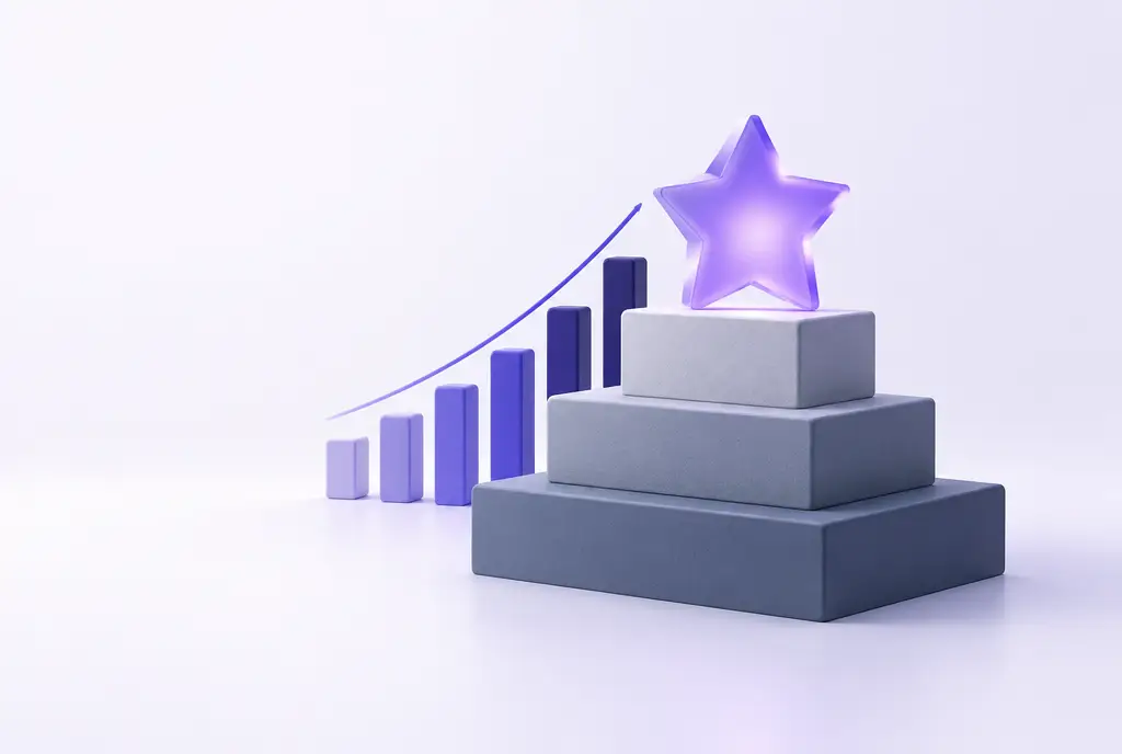 An elegant podium of three stepped blocks with a softly glowing violet star-shaped award resting on the highest step, and a rising line of small bars behind it, suggesting fast company growth being recognised.