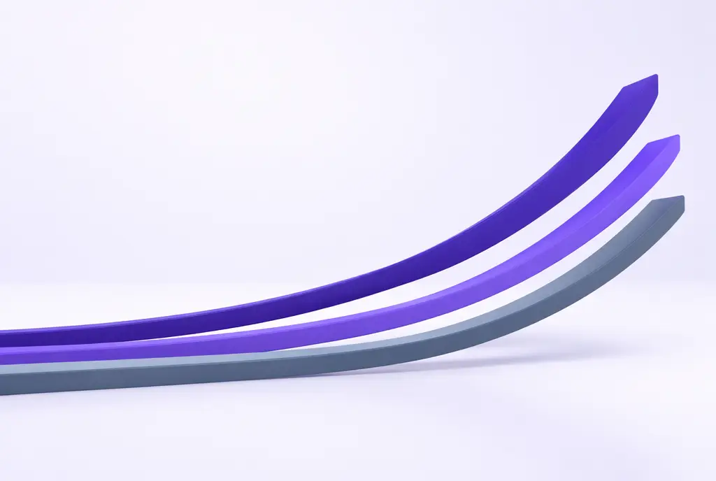 A series of smooth upward-curving ribbons in indigo and violet rising from left to right like trend lines.