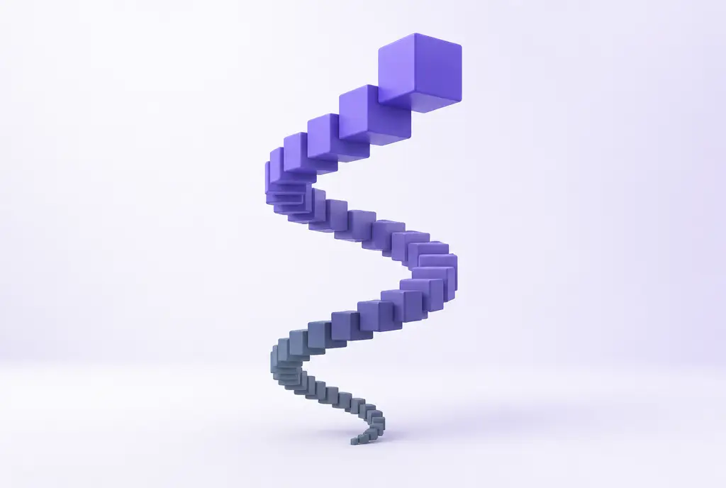 A smooth spiral of small blocks that grow larger as they wind upward, shading from slate grey to violet, suggesting compounding learning.
