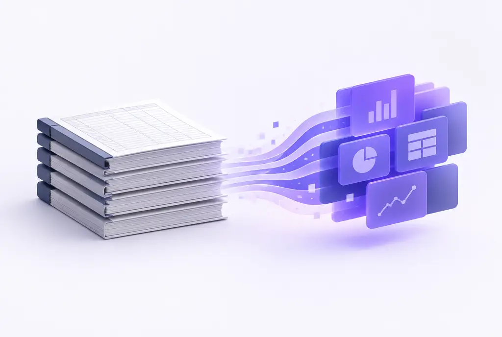 A neat stack of paper ledgers on the left transforming into glowing violet digital tiles on the right.
