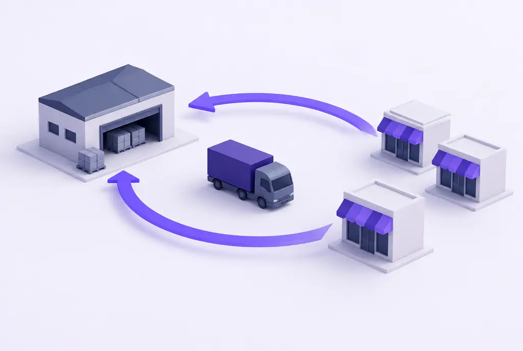 A miniature supply chain on a pale surface, a warehouse block, a small truck shape and store blocks, linked by violet return arrows showing credits flowing back.
