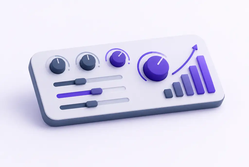 A precision control panel of rounded dials and sliders in slate and indigo, with one violet dial turned up beside a rising bar.