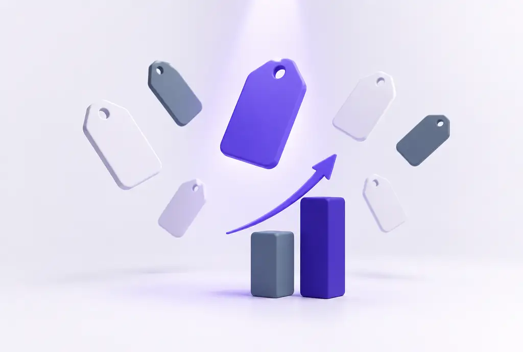 A cluster of floating blank promotional tag shapes and a rising pair of bars, with a soft violet spotlight on the most effective tag.