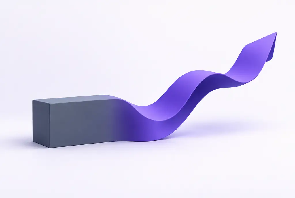 A rigid grey block on the left morphing into a fluid violet ribbon that flows and rises to the right.