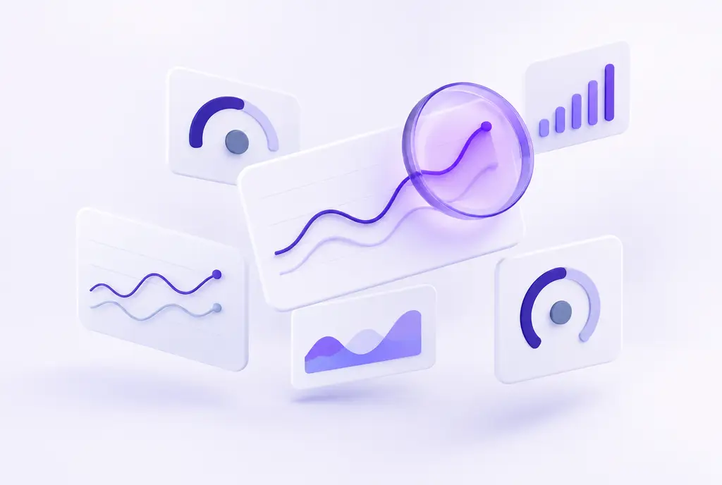 An elegant abstract dashboard of floating rounded panels with smooth line charts and gauges, and a violet lens hovering over one panel.