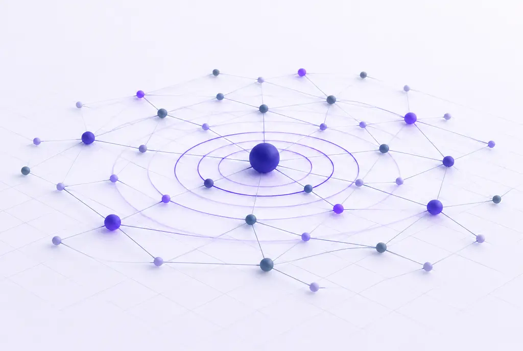 A pale grid with concentric violet rings spreading outward from a central node, overlaid with a fine mesh of connected nodes.