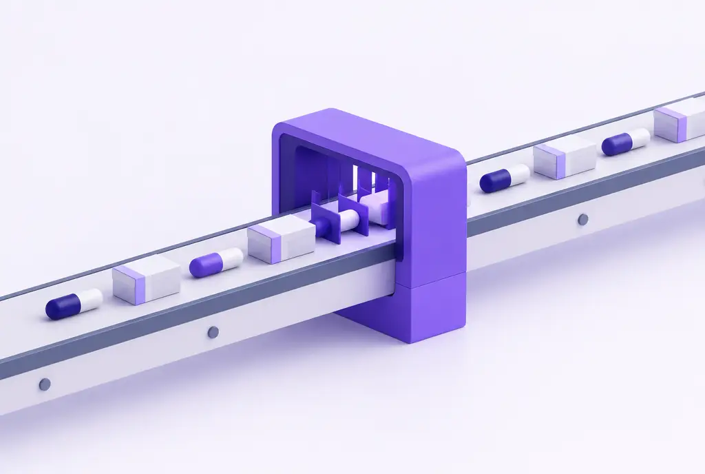 Capsule shapes and small boxes moving on a clean conveyor through a violet checkpoint that aligns them perfectly.
