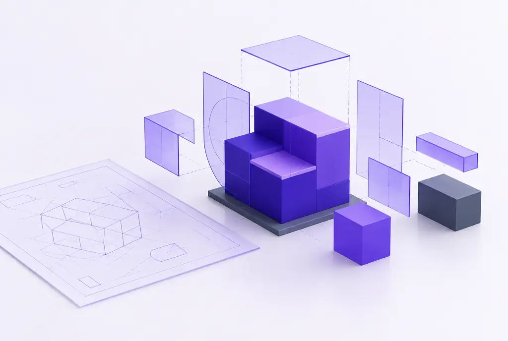 Translucent blueprint-like shapes assembling into a precise geometric violet structure, like a model being built from a plan.