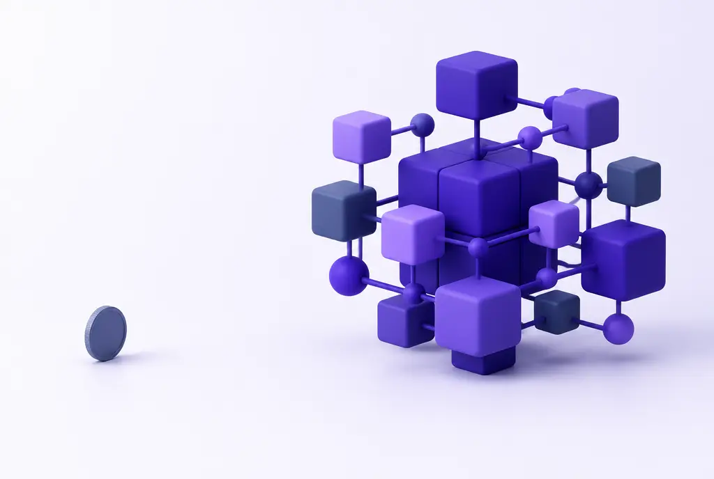 A single small coin on the left contrasted with a large, solid, interconnected structure of blocks and nodes in indigo and violet on the right.