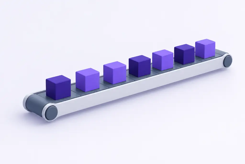 A precise sequence of evenly spaced indigo and violet blocks moving in perfect order along a clean, minimal conveyor track.