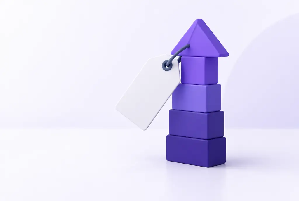 A blank price-tag shape attached to an upward violet arrow built from stacked blocks.