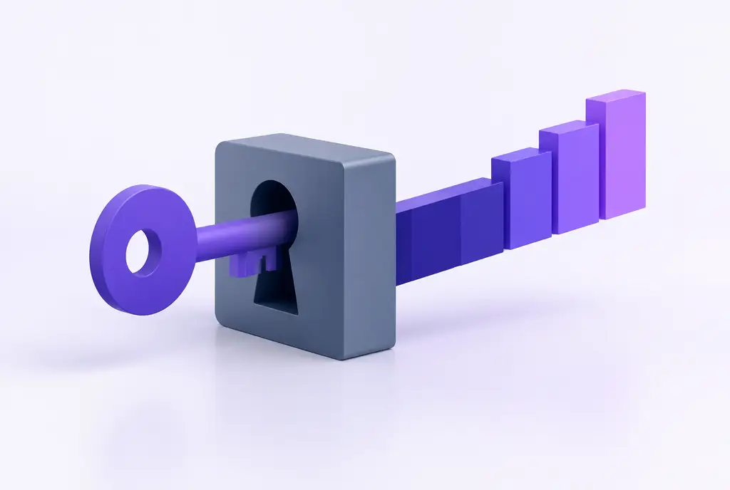 A polished violet key turned in a geometric lock block, with a widening bar emerging from the open lock.