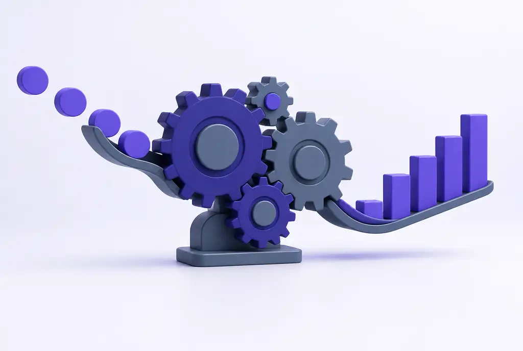 An elegant engine of interlocking gears in indigo and slate, with violet discs feeding in and a rising bar coming out.