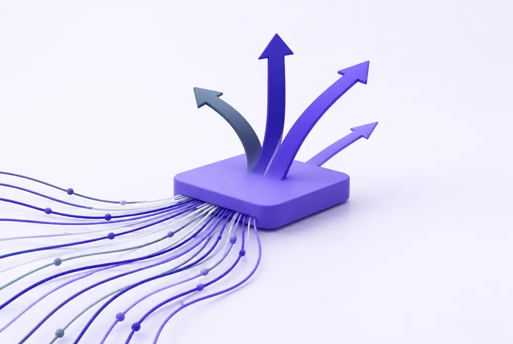 A flat violet platform with many fine data streams flowing into it, from which a few agile arrows rise in different directions.