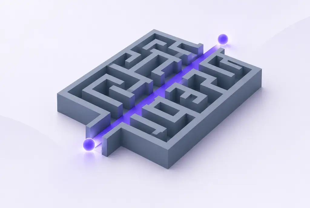 A maze-like structure of grey walls with a single clear violet path cutting straight through it, guided by a glowing node.