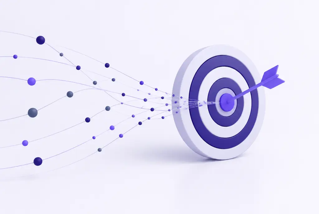 A precise target of concentric rings with a violet arrow at its centre and small data points converging toward it.