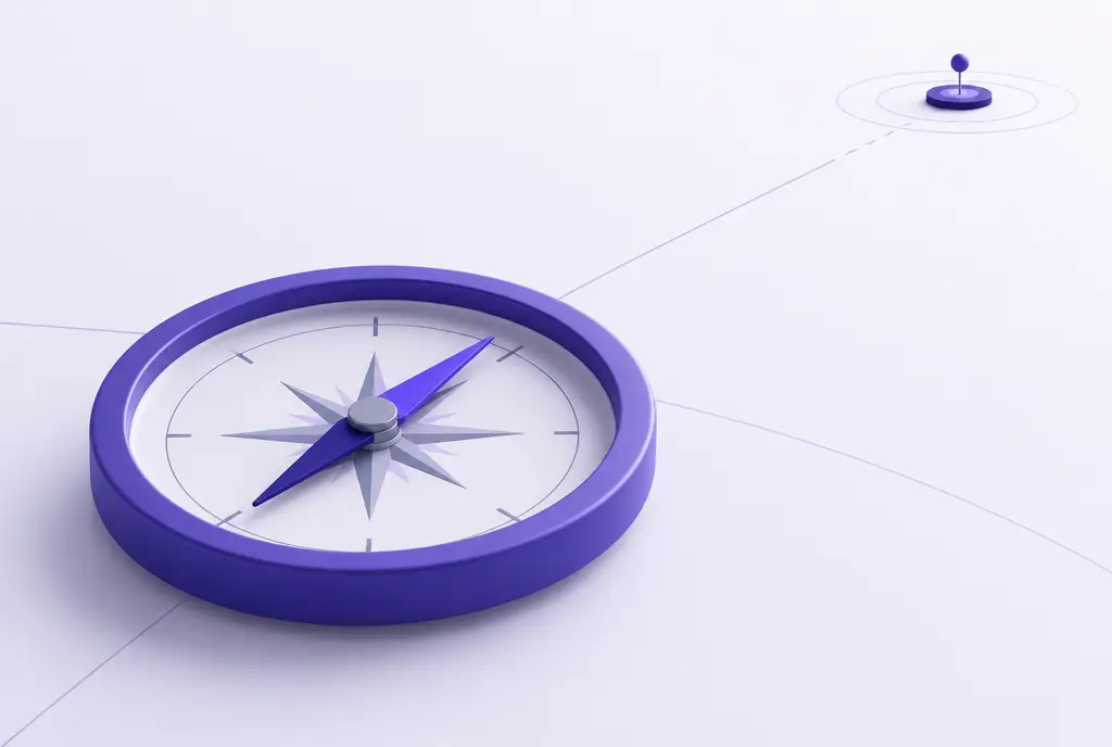 A polished violet compass on a pale surface, its needle pointing toward a small distant target, with faint guide lines.