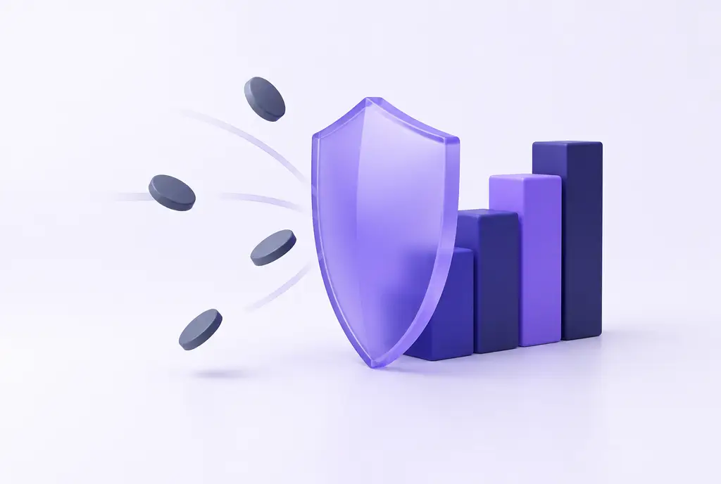 A translucent violet shield standing in front of a stack of bars, with small grey discs deflected away from it.