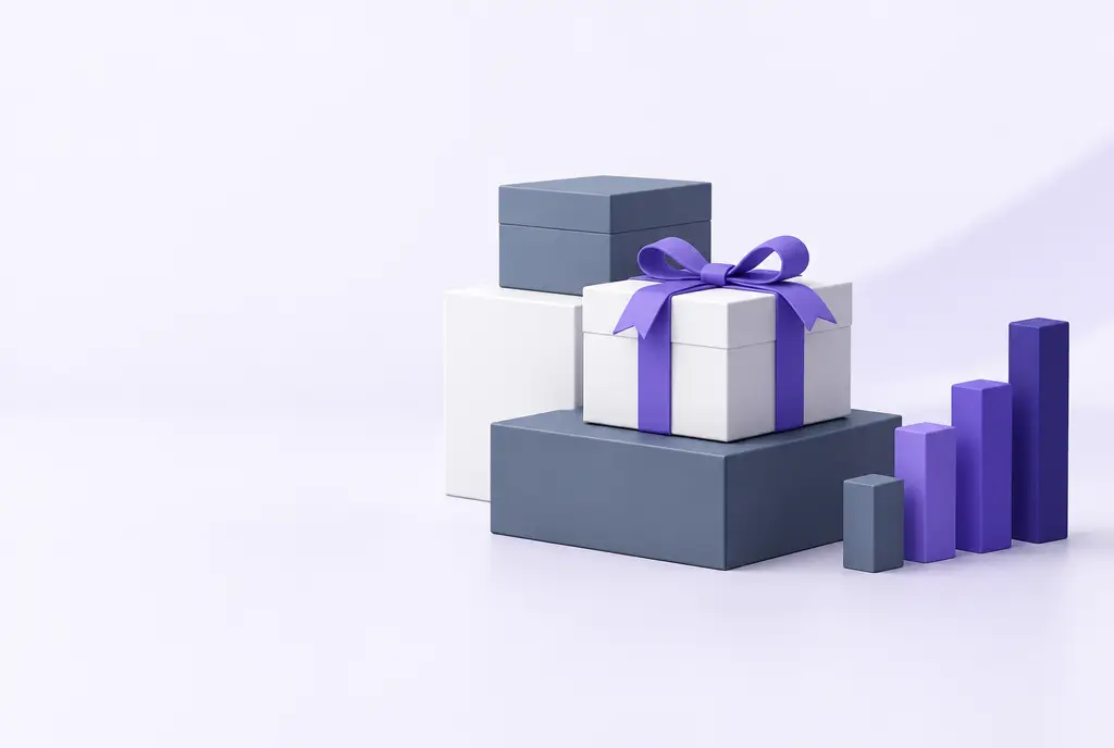 Neatly stacked boxes in soft slate and white with a violet ribbon tied around one, and a small rising bar beside them.