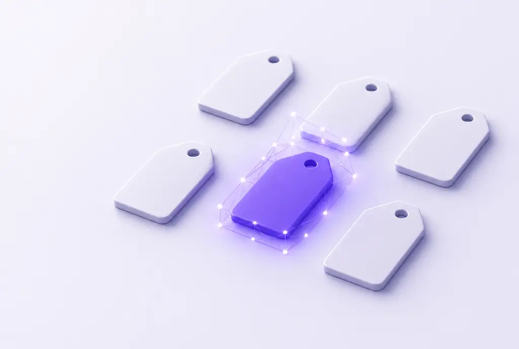 A few blank promotional tag shapes arranged on a grid, with a glowing violet mesh of nodes selecting the best one.