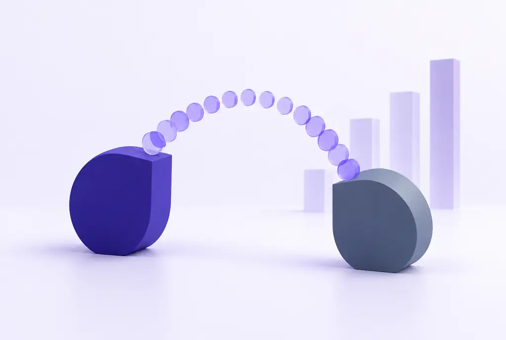 An arc of violet discs flowing between an indigo form and a slate form, with rising bars behind, showing value returned between partners.