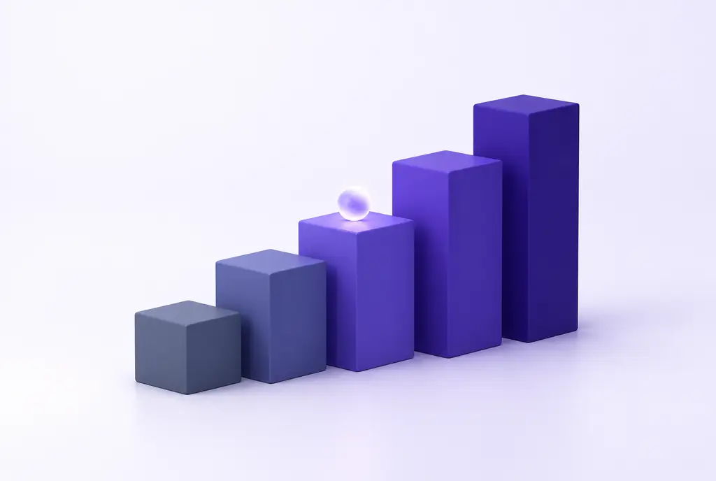 Five ascending steps of increasing height, shading from slate grey to deep violet, with a small glowing marker resting on the middle step.