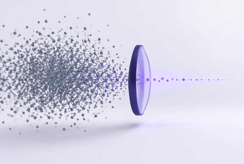 A large scattered cloud of tiny grey particles, with a precise violet lens focusing a few relevant particles into one clean beam.