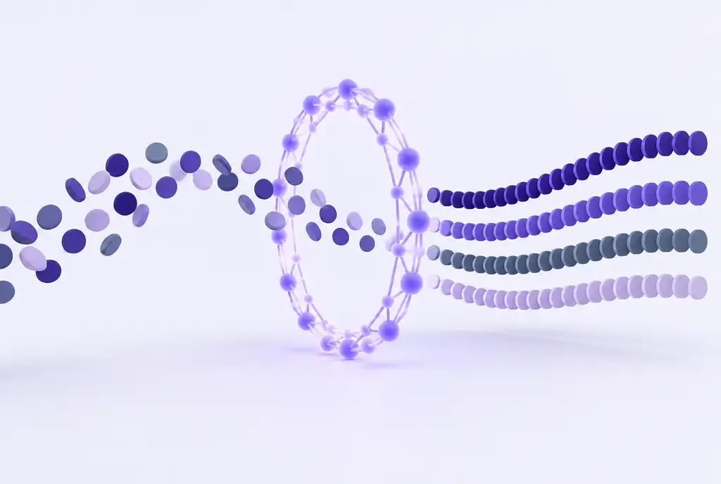 An arc of small discs flowing through a glowing violet ring of connected nodes and emerging sorted and ordered.