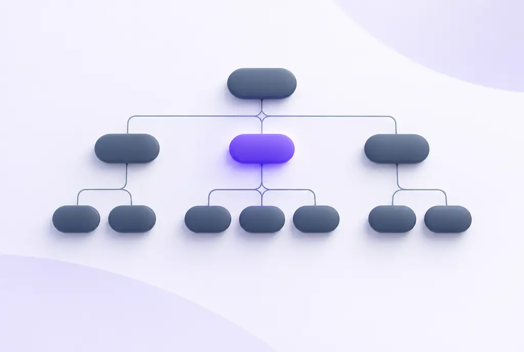 An abstract organisation chart of rounded nodes joined by fine lines, mostly slate grey, with one key node glowing violet at the centre, no human figures.