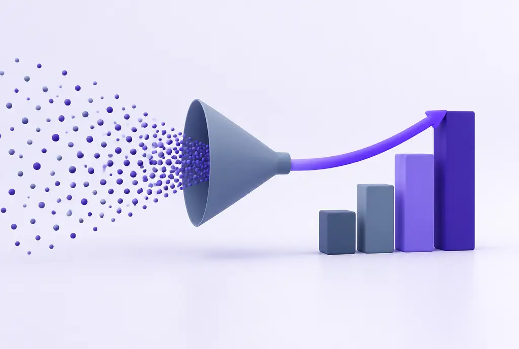 A funnel of fine data particles narrowing into a single violet arrow that points up a rising bar.