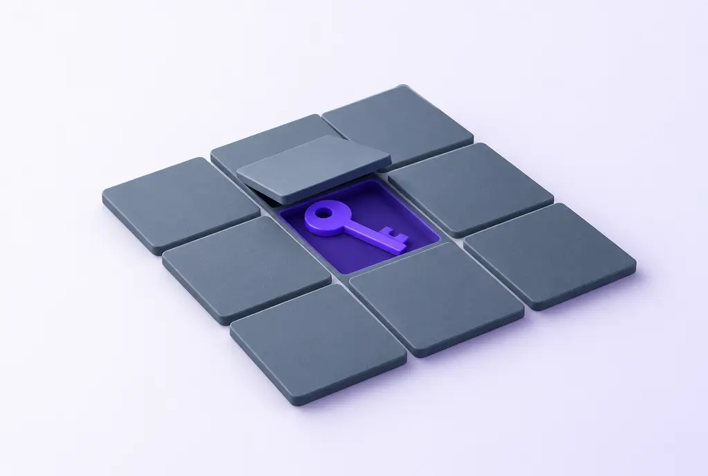 A violet key partly revealed beneath one lifted slate tile in a neat grid of tiles.